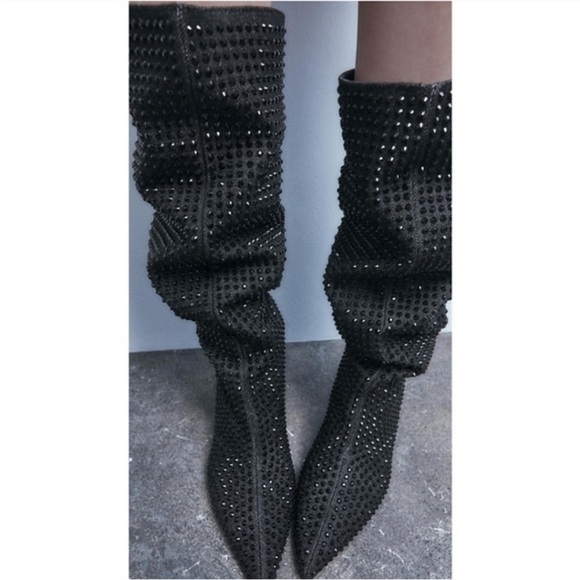 ZARA POINTED TOE RHINESTONE HEELED KNEE HIGH BOOTS - Picture 7 of 9